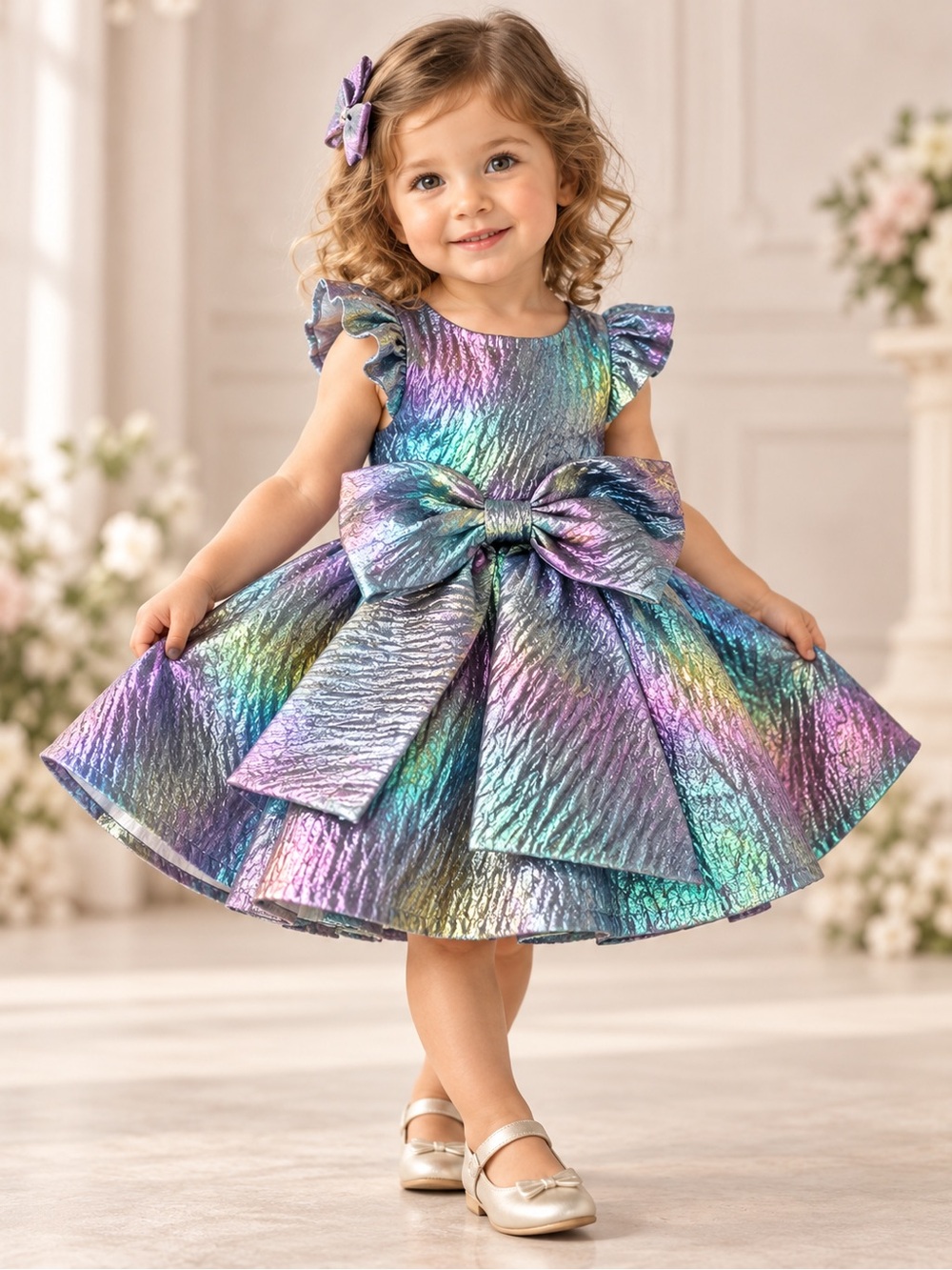Joyfolie Girls Size 2 Iridescent Metallic Rainbow Party Dress Big Bow NWOT